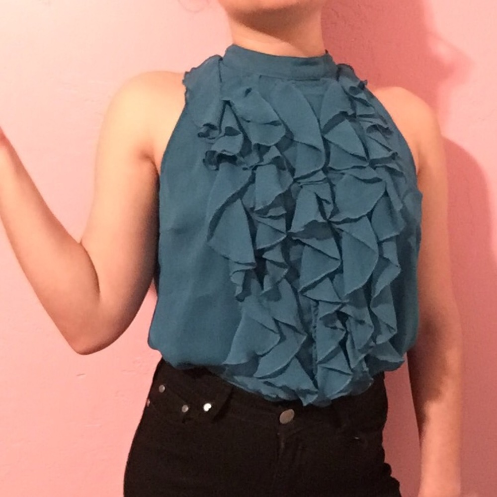 Aqua blue ruffled sleeveless top